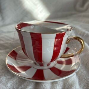 NEW Grace Teaware Red & White Stripe Teacup & Saucer Set With Gold Trim & Handle